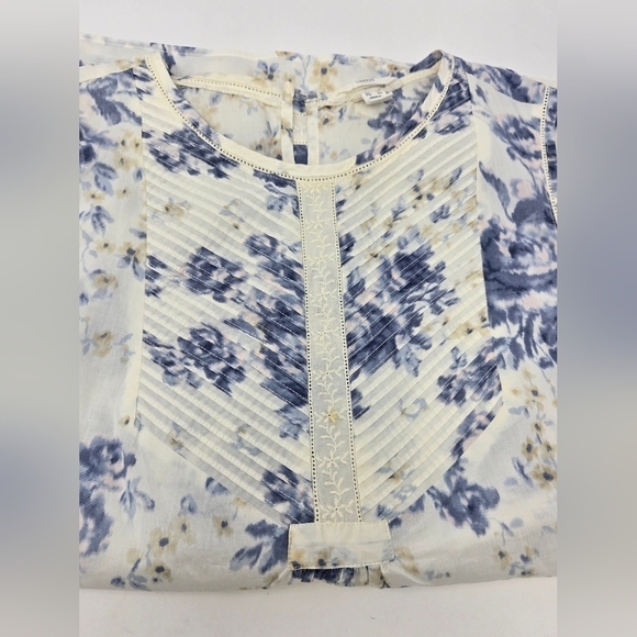 LANDS' END CANVAS SLEEVELESS BLOUSE BEIGE BLUE FLORAL WATERCOLOR WOMEN 8 TANK - Picture 10 of 12